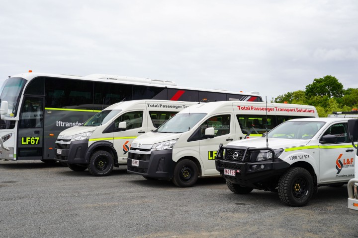 A range of our fleet vehicles; 57 seater luxury coach, 4WD HiAce, 2WD HiAce, Toyota Hilux mine specute